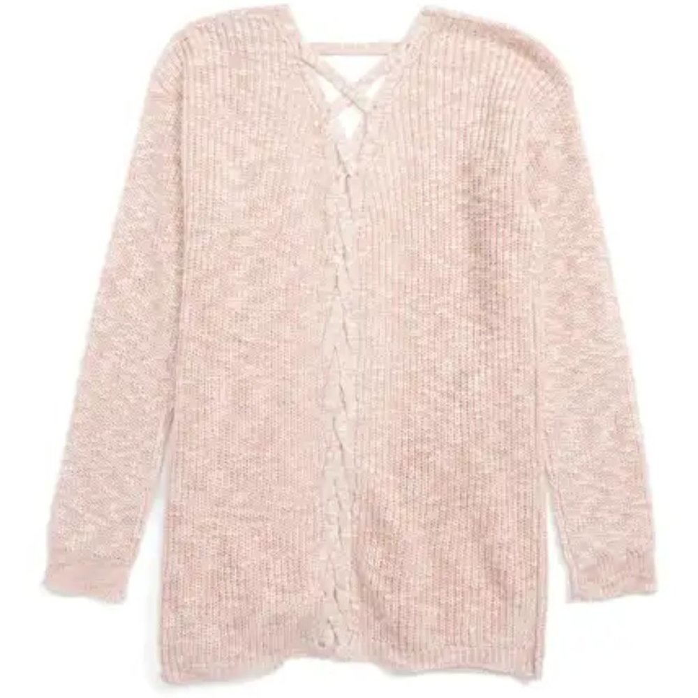 Freshman Back Detail Cardigan (Big Girls) L (12-14), PALE MAUVE/ EGRET